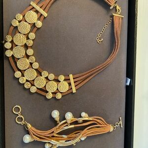 Gold and Brown Multi-Strand Statement Necklace and Bracelet Set